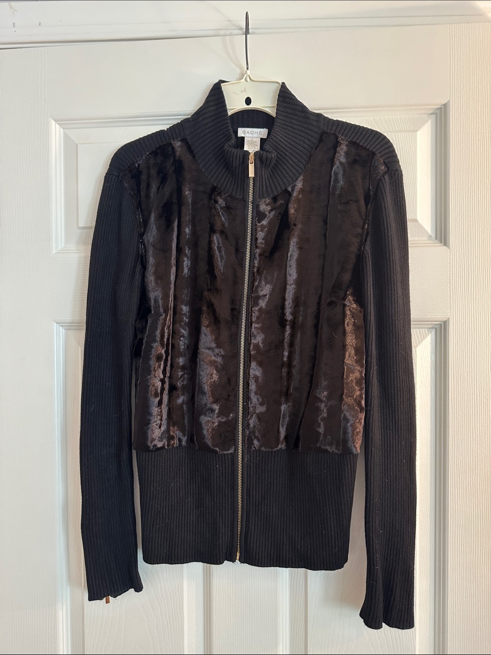 Cache Black Ribbed Bomber Jacket with Faux Fur Front Panels